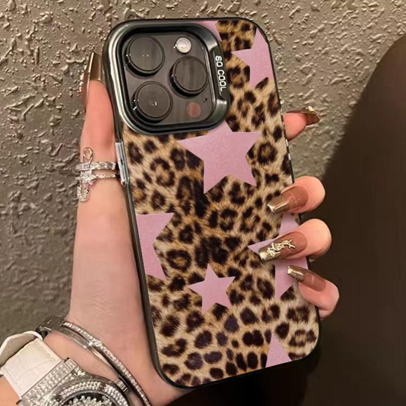 

Leopard Print Star Flower Plating Hard Phone Case For IPhone 17 Air 16 15 14 13 12 11 Pro Max Plus Funda Case Cover Bumber Cover iPhone 13 Mini