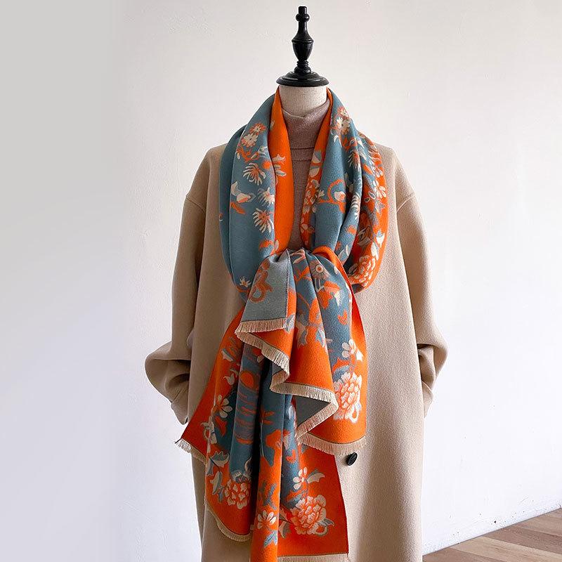Imitation Cashmere Temperament Scarf Women'S Winter Shawl Thickened Double-Sided Dual-Purpose Long Flower