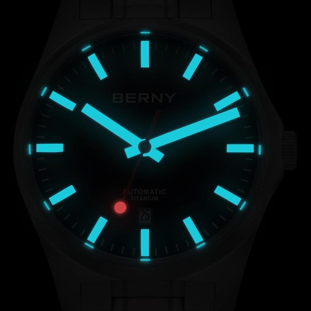 BERNY Titanium Mechanical Watch Automatic Railroad Watch 100M Water Resistant Calendar AR Sapphire Crystal