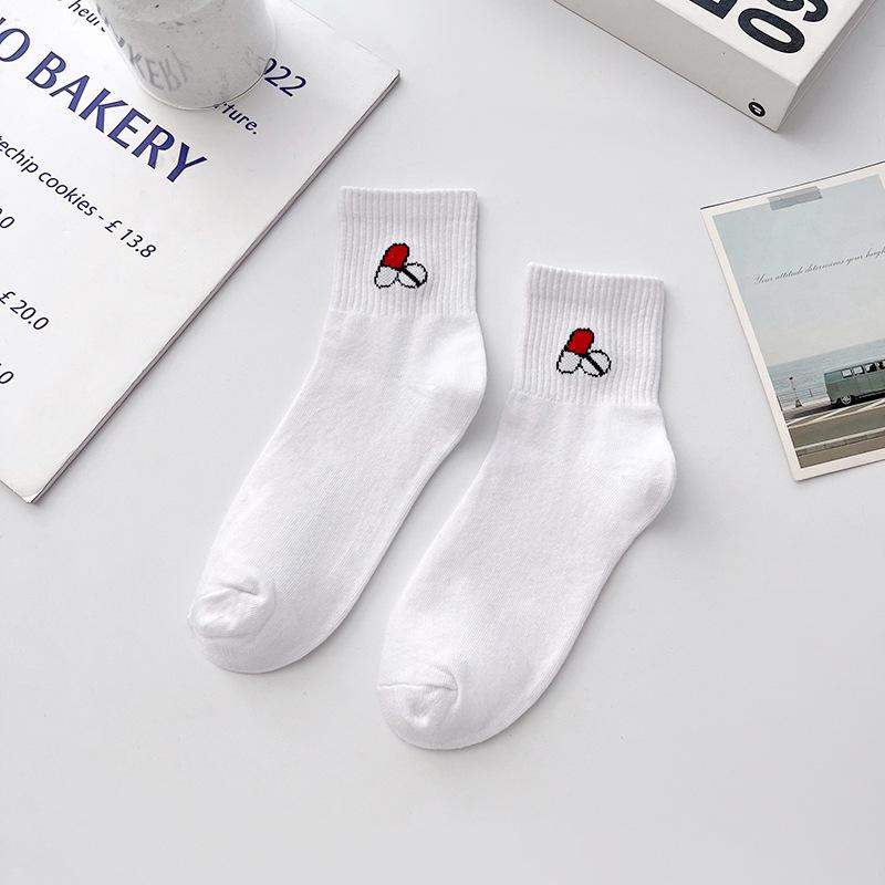 Women's Autumn White Medical Pattern Cotton Mid-Calf Socks - Simple, Versatile, High-Value.