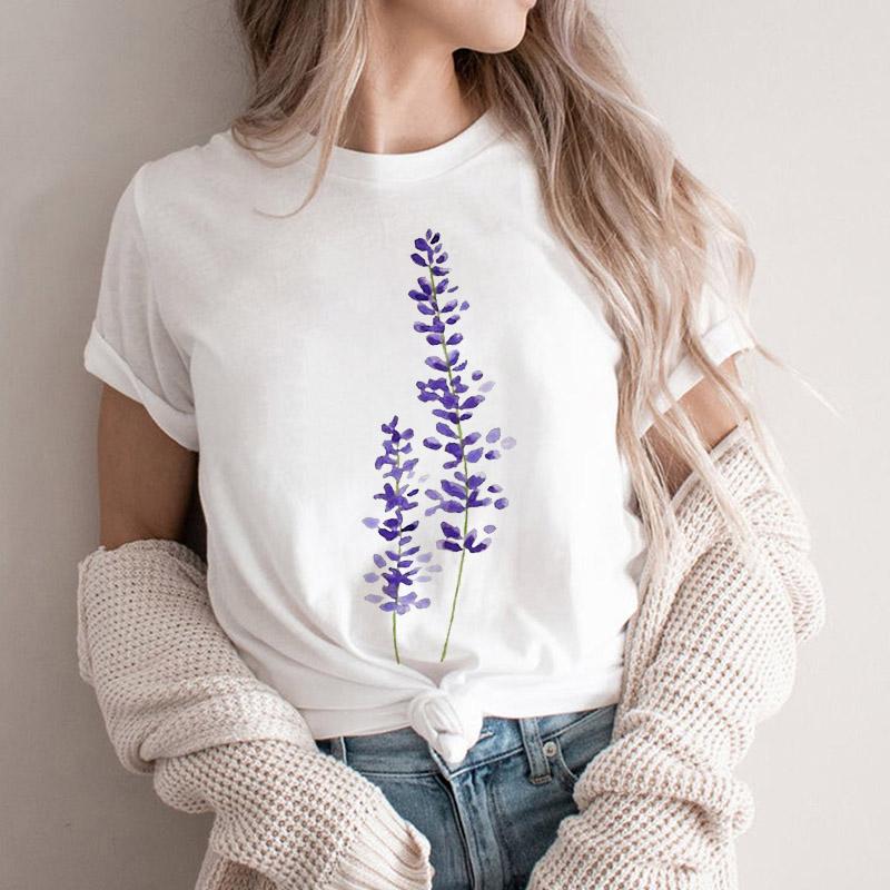 Women Tshirt Cartoon Purple Flower Floral 2025 Summer Spring T Shirt Female Clothes Graphic 90S Aesthetic Kawaii Tee Tops Lady