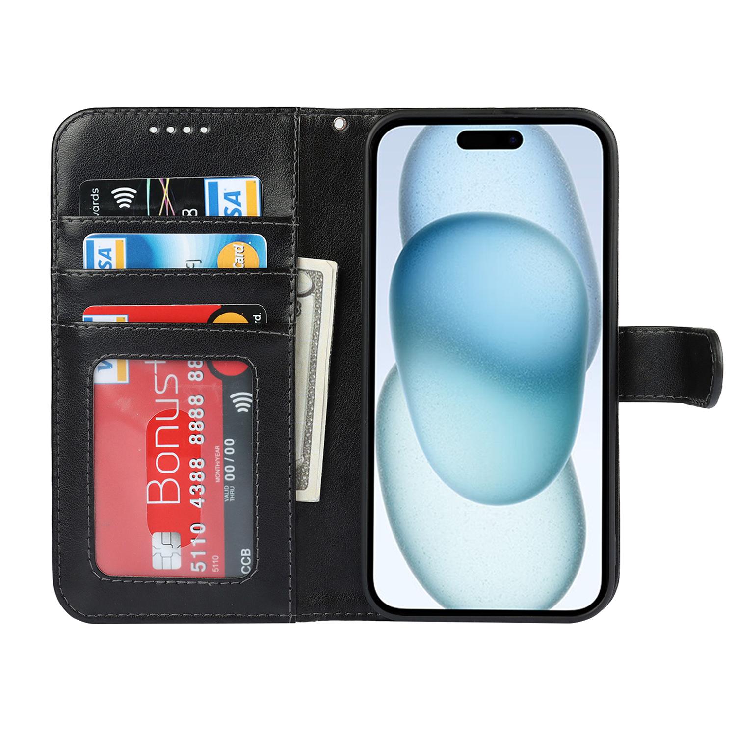 

For iPhone 15 Plus Cover R61 Texture Wallet Leather Phone Shell Black