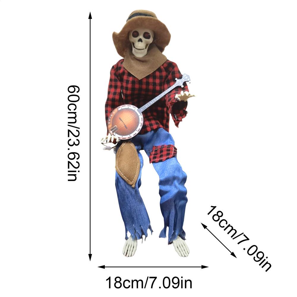 Halloween Skeleton 23.6 Inch Animated Banjo Skeleton Joint Adjustable Musical Prop for Indoor Outdoor Holiday Display Haunted