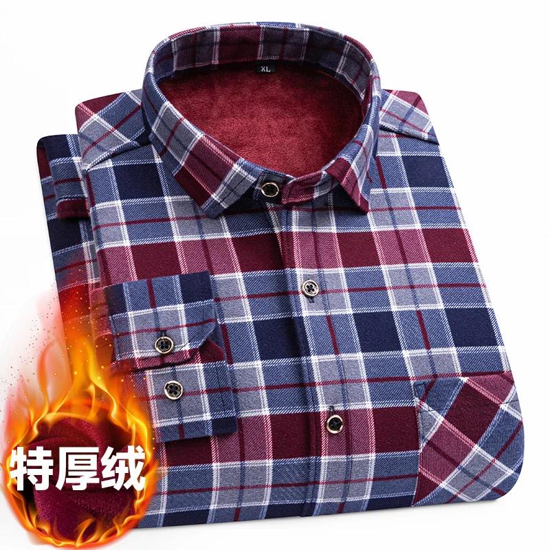 Camisas Xadrez Para Homens Algodão Flanela Quente Inverno Manga Longa Botão Tamanho Grande Camisa Social Inteligente Casual Roupas de Fácil Cuidado