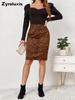 Women's Leopard Print Faux Suede Midi Skirt with High Waist and Floral Print for Fall Winter Season