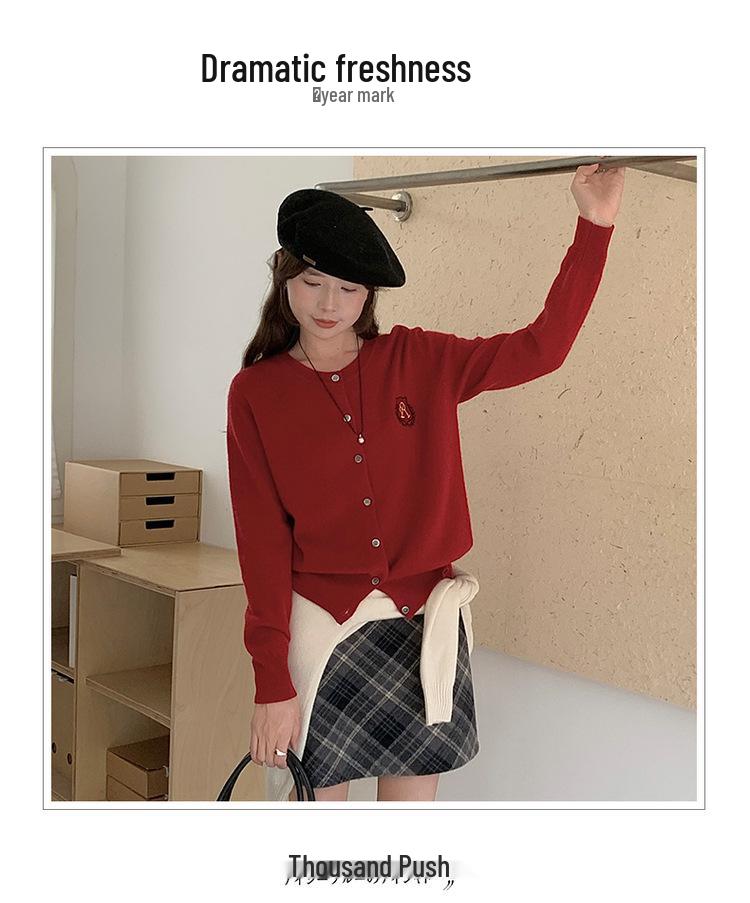 Women's Solid Color Pure Wool Cardigan with Embroidery Badge - Korean Style Round Neck Knit Outerwear for Autumn and Winter