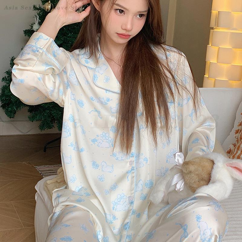 Female Pajamas Set Loungewear Cartoon Print Flower Long Sleeve Trouser Suits Sleepwear Loose Satin 2PCS Shirt&Pant Home Clothes