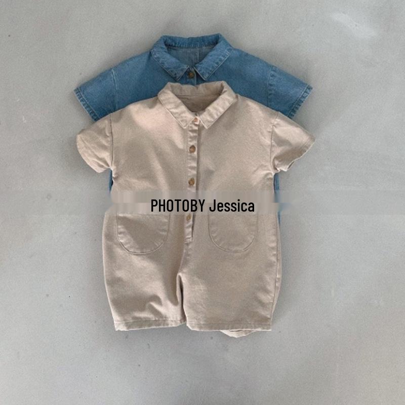 2024 Summer Unisex Children's Korean Denim Romper Shorts - Trendy Infant Toddler Jumpsuit for Outings & Crawling