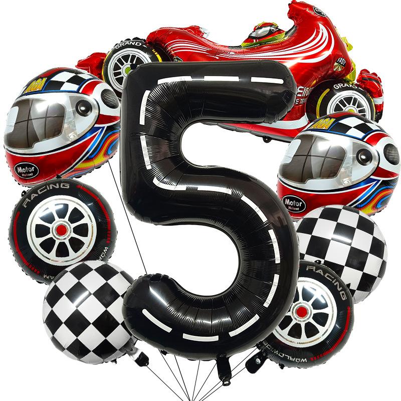 8 Pcs Racing Party Decoration 40inch Black Number Balloon Plaid Balloon Tire Balloon Striped Racing Tire Grid Digital