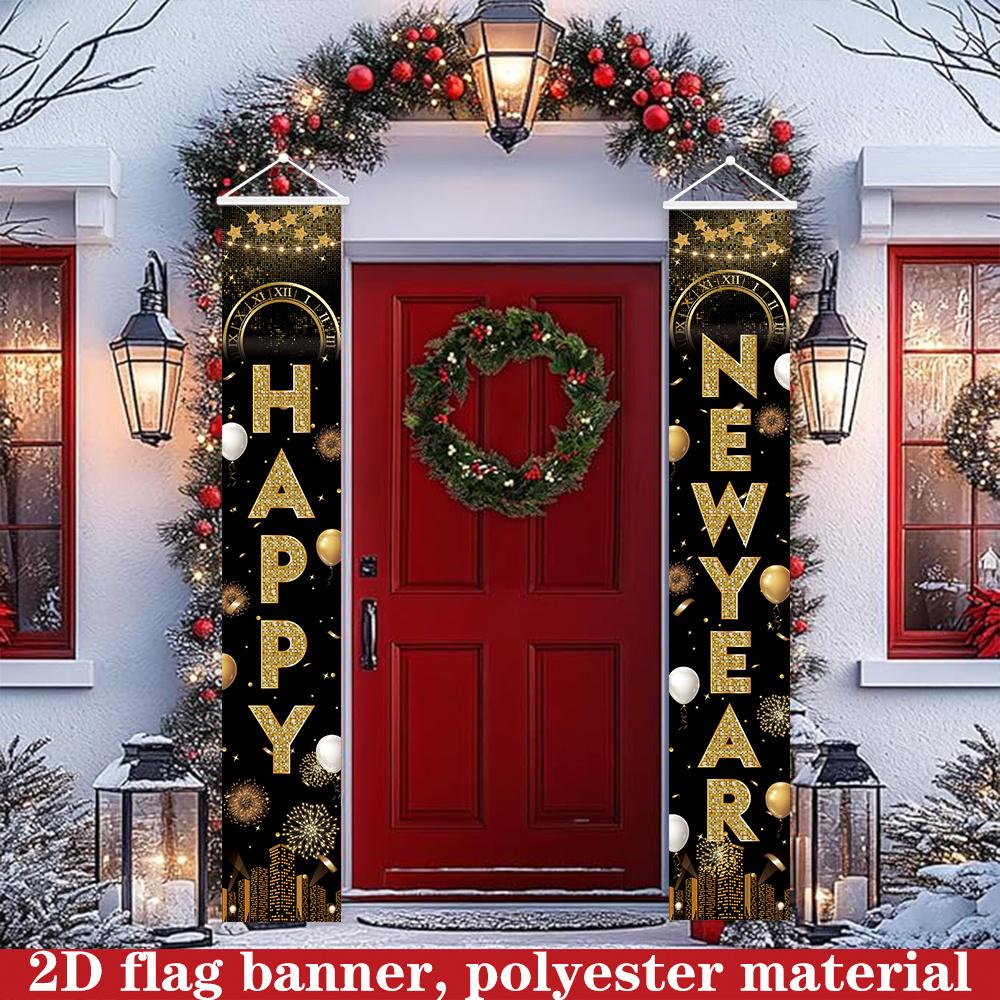 Happy New Year Couplet Banner Golden Black 1 Pair Polyester 180x30cm Indoor Outdoor Decor
