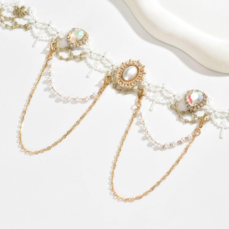 Stylish White Lace Collar Necklace Polyester Alloy Pearls Collarbone Chain Jewelry For Retro Look Any Occasion