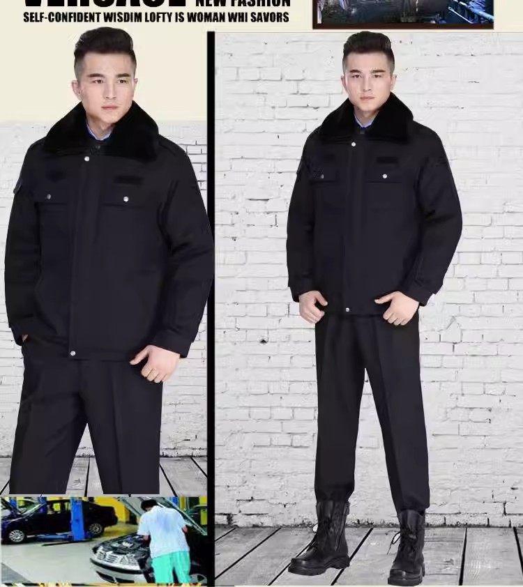 Zimowy mundur służbowy ochrony: Pogrubiony Zestaw Bawełnianej Kurtki i Płaszcza na Ciepło i Ochronę przed Zimnem.