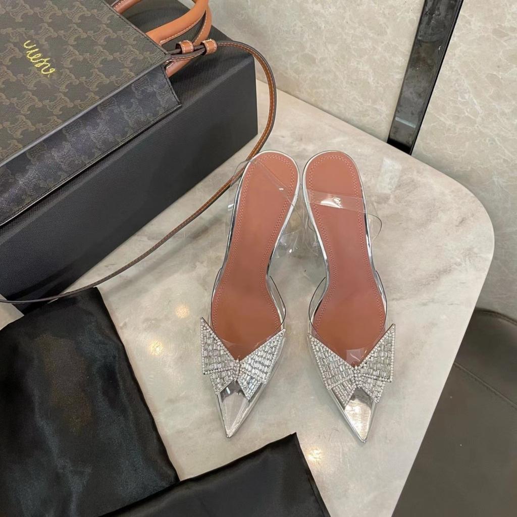 Sexy bow bag head transparent sandals new pointed thin heel rhinestone rear empty high heels