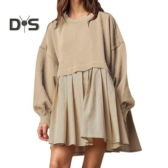 

Женское платье Плиссированное платье-свитер с круглым вырезом в стиле пэчворк Свободное платье-свитер с длинными рукавами А-силуэт Большой свободный свитер Мини-платье осень-весна S хаки