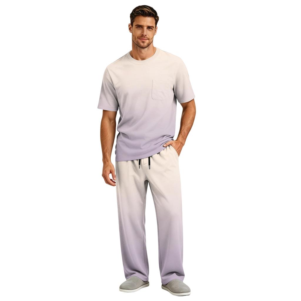 Men's Short Sleeve Pajama Set with Button Fly and Elastic Drawstring Waist