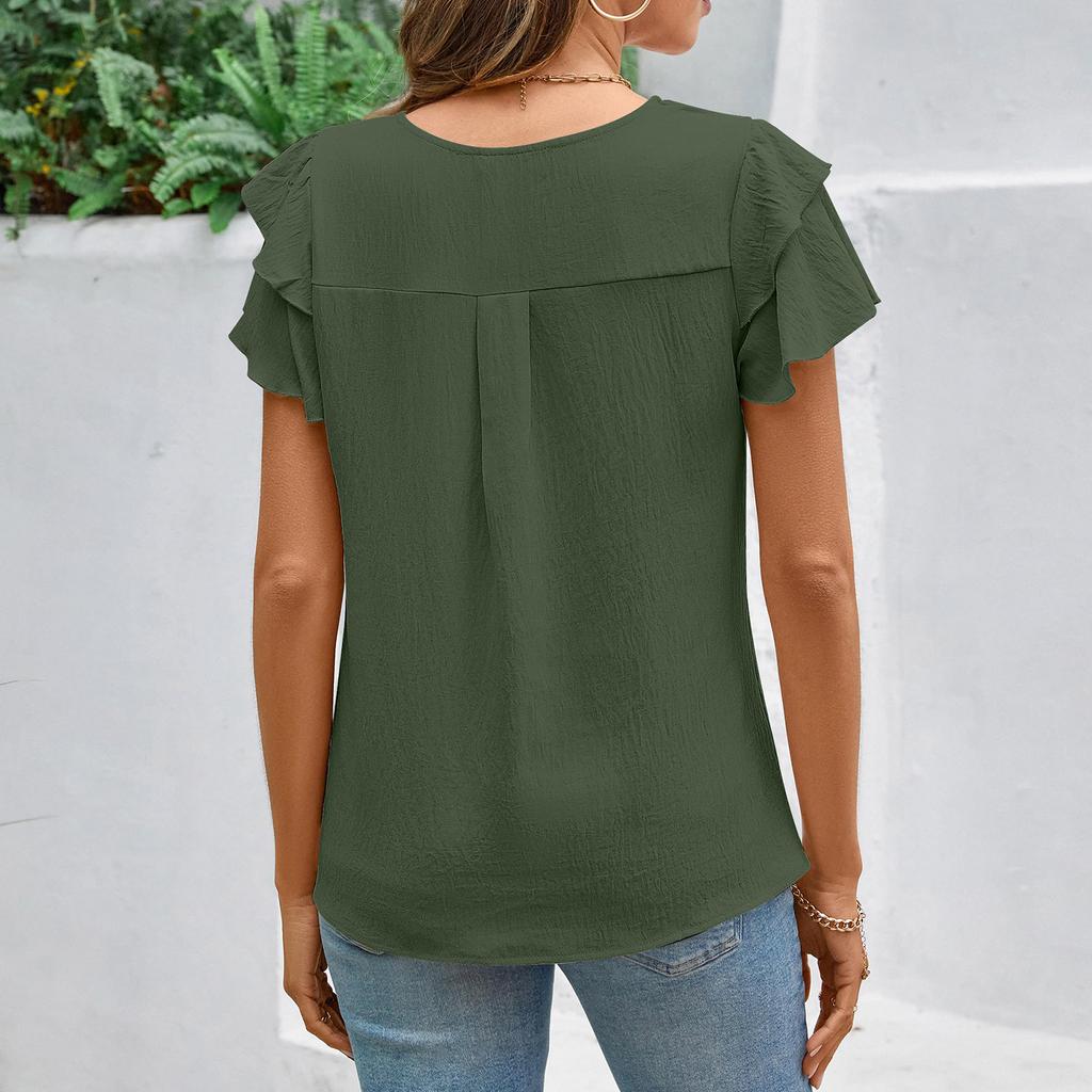 Damenmode Locker geschnitten Rundhals Falten Pullover T-Shirt Kurzarm Top