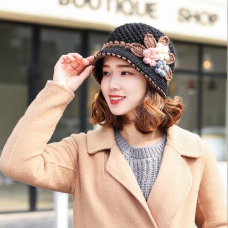 Women's Handmade Crochet Bucket Hat with Floral Embellishments Lightweight Warm Winter Hat Floral Crochet Hat