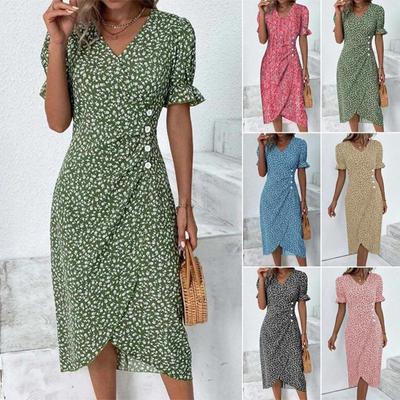 Rochie de vară populară la modă pentru femei, elegantă, cu imprimeu floral cu buline, mânecă bufantă, decolteu în V, croială slim fit, sexy pentru petrecere, tiv neregulat, S-5XL