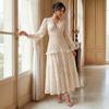 2026 Europe, America, Station French Vintage Lace Embroidery V-Neck Bubble Sleeve Layered Cake Skirt