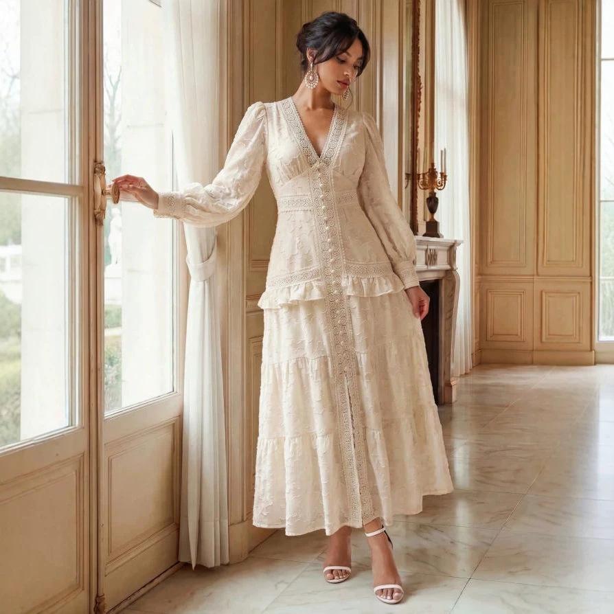 2026 Europe, America, Station French Vintage Lace Embroidery V-Neck Bubble Sleeve Layered Cake Skirt