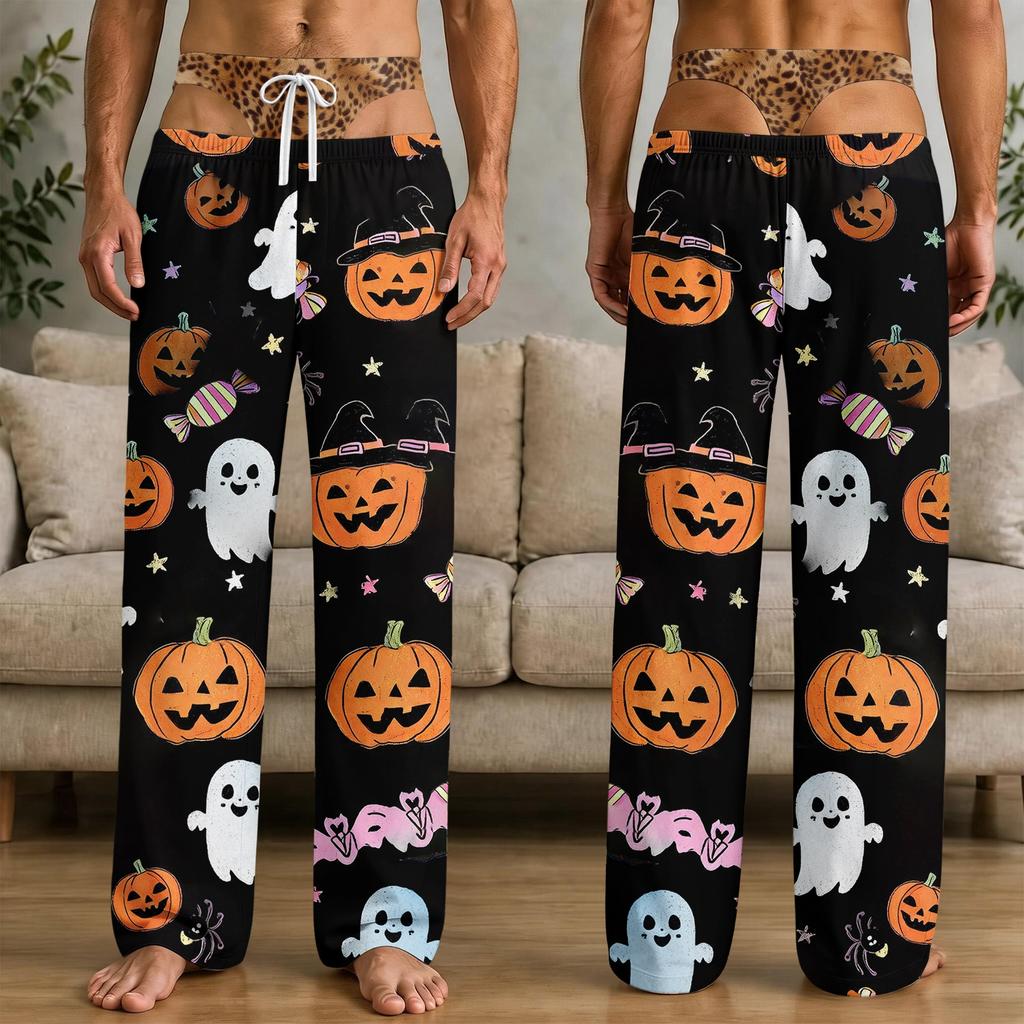 Men's Funny Halloween Print Pajama Pants with Pockets, Quirky Sleep Pants for Home