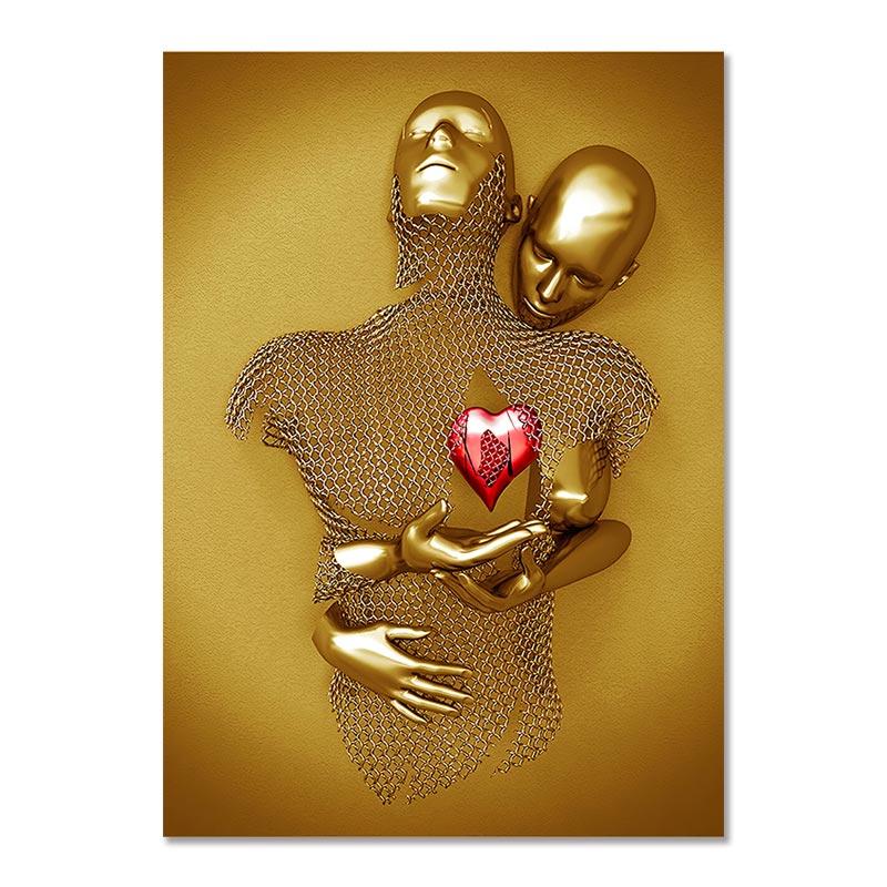 Metal Figure Statue Art Canvas Painting Golden Modern Lovers Sculpture Poster and Print Wall Pictures for Living Room Home Decor