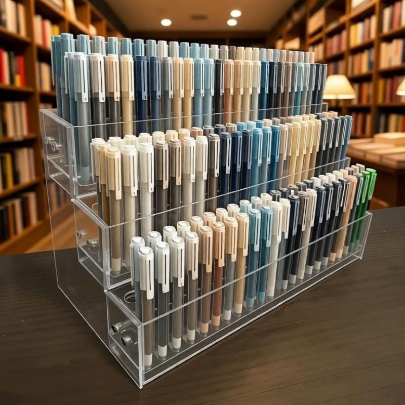 Acrylic Transparent Pen Holder: Large Capacity Desktop Organizer Stand for Stationery Storage and Display.