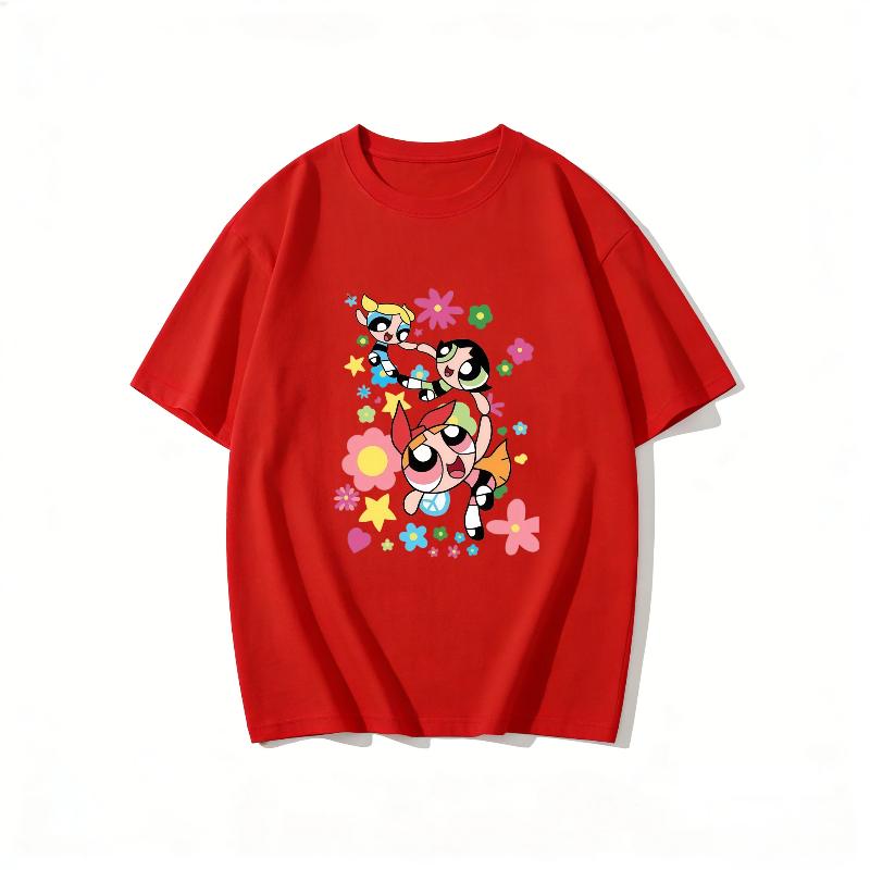 2026 Sommer Niedliche Powerpuff Girls Familien-Matching T-Shirts Cartoon-Druck Baumwoll-T-Shirts Lässige Kurzarm-Oberteile für Kinder und Erwachsene