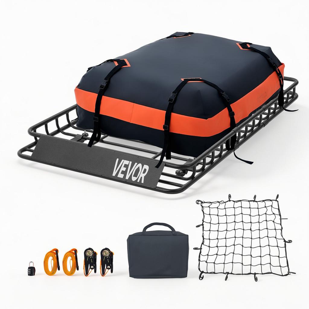 VEVOR Roof Rack Cargo Basket, 1371 x 864 x 102 mm, Heavy Duty Roof Top Carrier Basket with Waterproof Bag, Cargo Net, Ratchet Straps