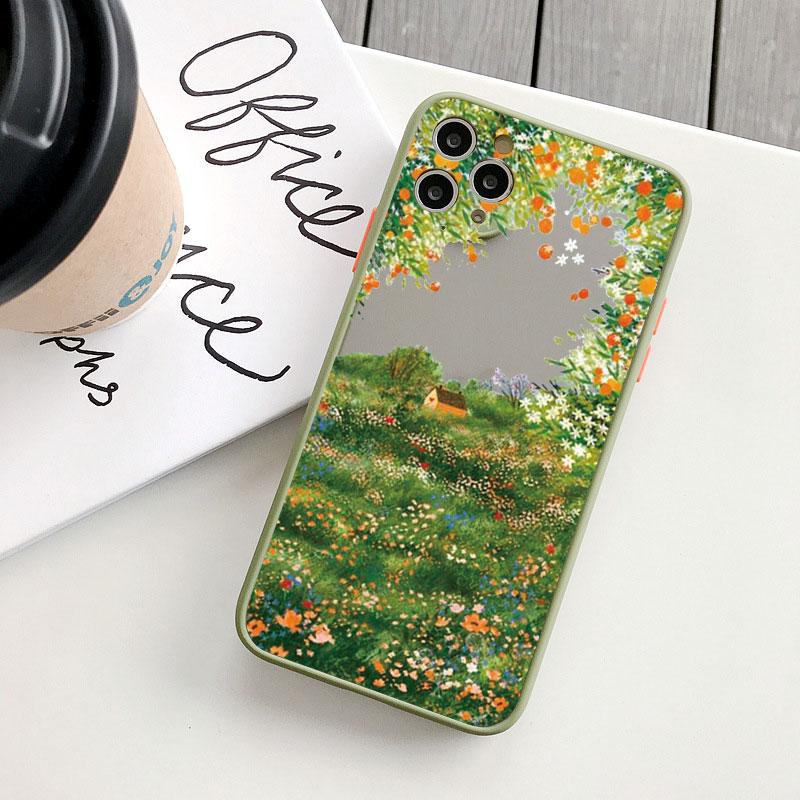 Retro Scenery Painted Phone Case For iphone 16 7 8 Plus SE2 X XS XR 16 14 12 13 11 Pro Max Large Flower Fields Log Cabin Covers