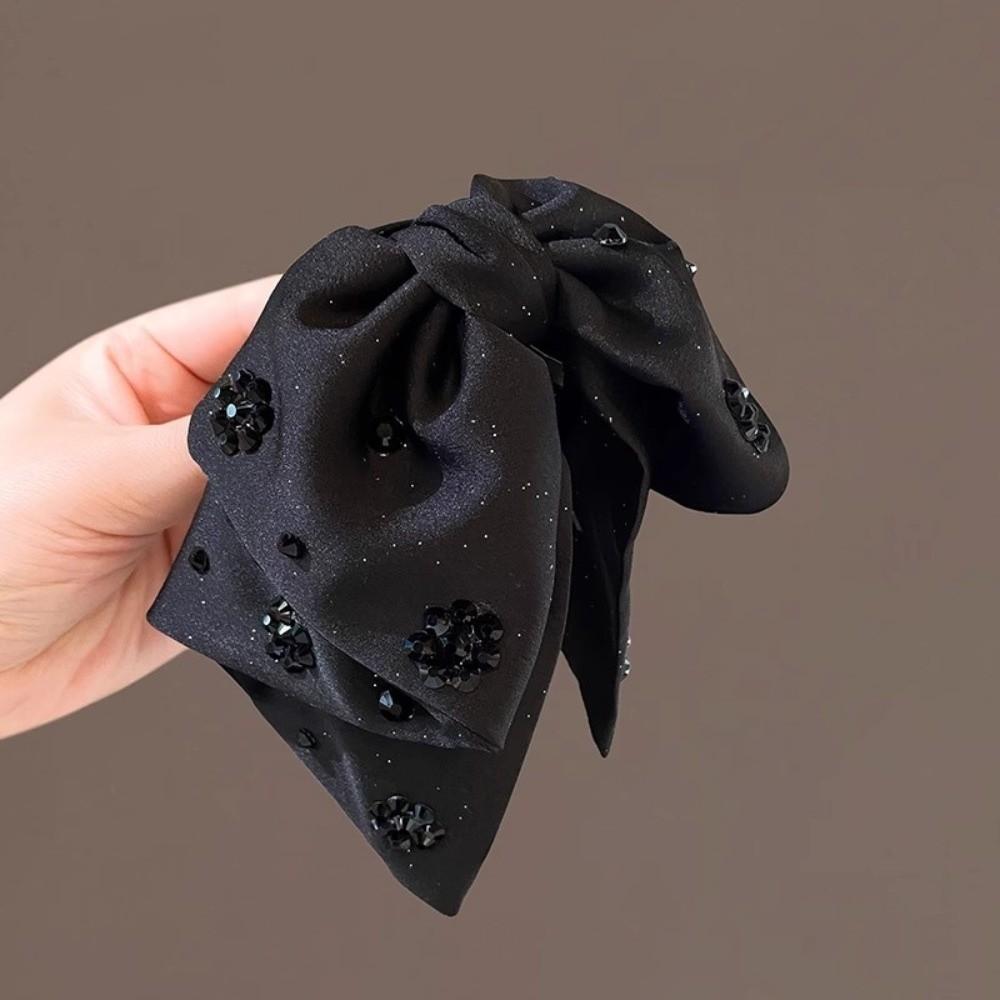 French Style Black Bow Shark Clip Elegant Women Sequin Hairgrips Shiny Rhinestone Hair Claw  Daily