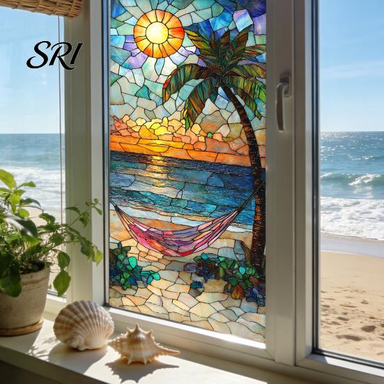 Indoor Outdoor Window Cling Privacy Film Stained Glass Flamingo Tropical Static Clings Heat Control Door Temporary Sticker Covering with Palm