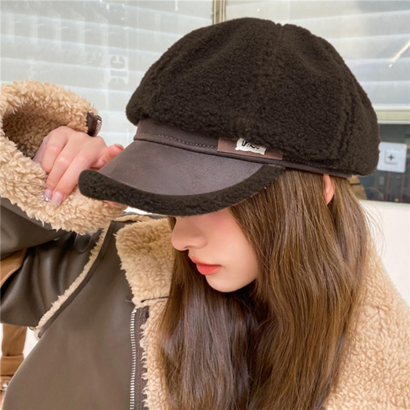 Women Lamb Fleece Duckbill Hats Thicken Warm Octagonal Newsboy Beret Cap Cold-proof Plush Artist Painter Caps Fashion New Style