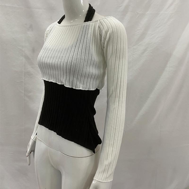 European and American women's long sleeved contrasting color two piece Y2K hanging neck knitted slim fit top