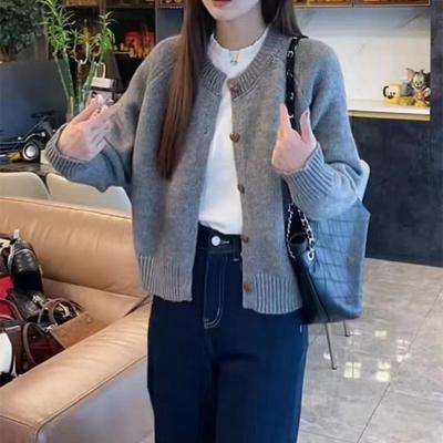 Retro Soft Waxy Knitted Cardigan Top Women's Autumn and Winter New Round Neck Temperament Loose and Thin Sweater Jacket Trendy