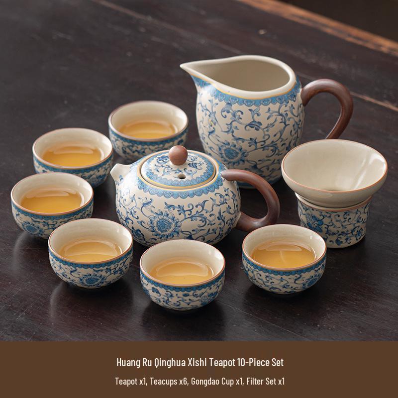 Blue & White Ru Kiln Ceramic Gongfu Tea Set with Gaiwan, Teapot & Teacups for Home or Office.