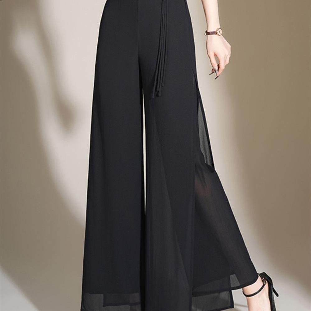 Plus Size Women's Chiffon Wide-Leg Trousers - Summer Lightweight, Elastic Waist, Casual Loose Fit 2026