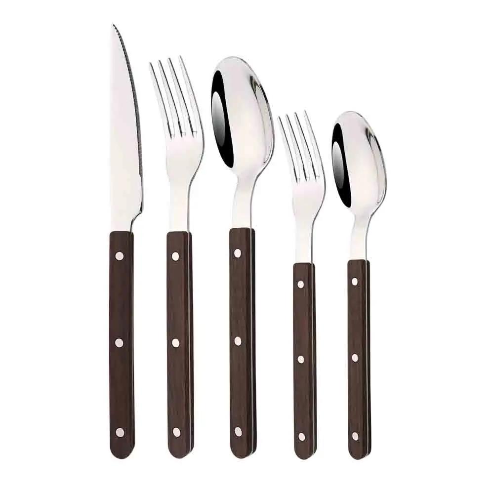5/20Pcs Imitative Wood Silver Dinnerware Set Western Knife Fork Spoons Set Mirror Stainless Steel Cutlery Kitchen Silverware Set