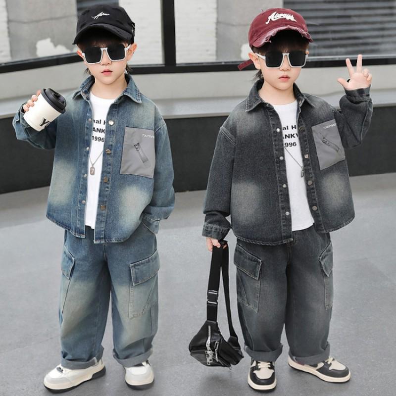 Boys Denim Two-Piece Set Fall 2026 Casual Kids Outfit Long Sleeve Top Pants Ages 3-8