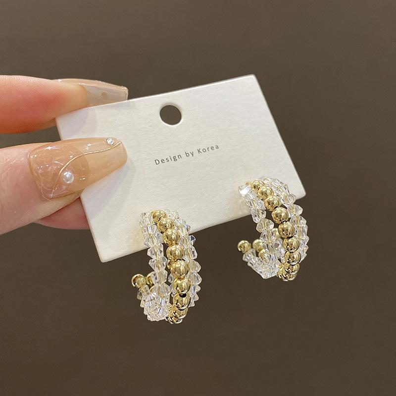 Silver needle high sense C-shaped crystal earrings women's retro light luxury Internet celebrity same earrings Japanese and Korean style ear jewelry