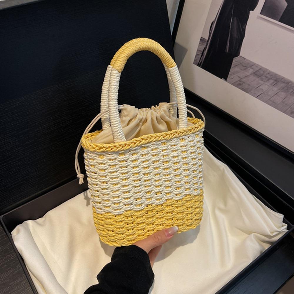 Casual Weave Straw Bag Colorful Patchwork Striped Handbag Fashion Beach Bag  Travel