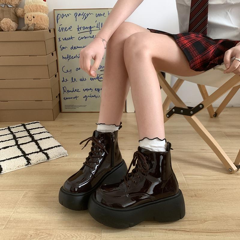 Lolita Stiefel Damen Halbschuhe Stiefel-Damen Knöchel Damen Rock Herbst Reiten Leder Retro Motorradstiefel Lack Reitstiefel