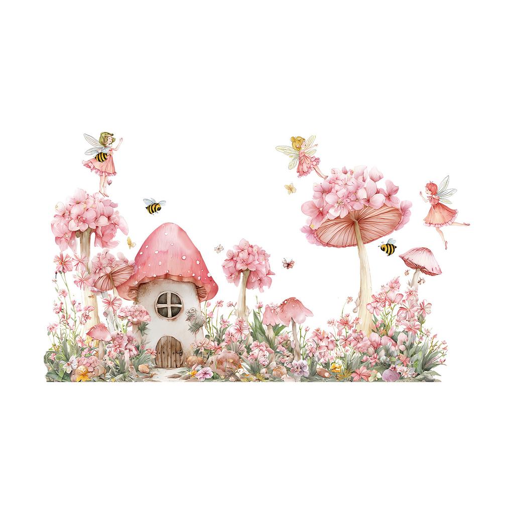 Static Cling Window Film Fairy Mushroom House with Girl In Flowers Double Sided View Decorative Window Sticker