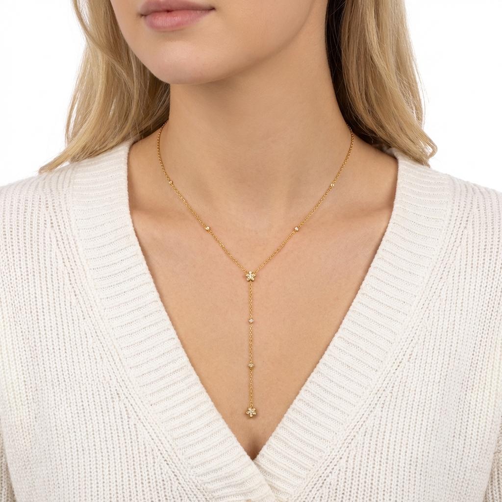 Stainless Steel Gold Color Zircon Flower Long Chain Drop Necklaces for Women Simple Metal Tassel Choker Party Aesthetics Jewelry