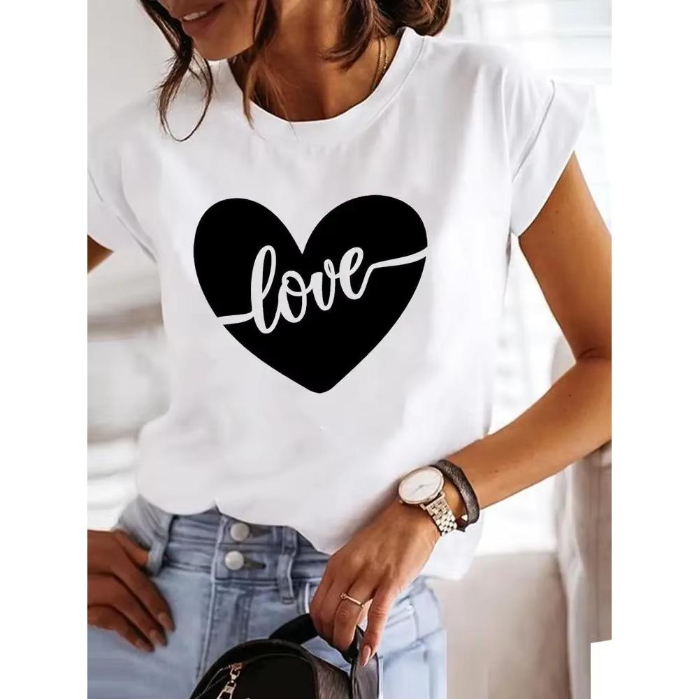 Love Style Trend Cute 90s Harajuku Women Print Ladies T-shirt Casual Basics O-collar Black Shirt Short Sleeve Ladies T-shirts
