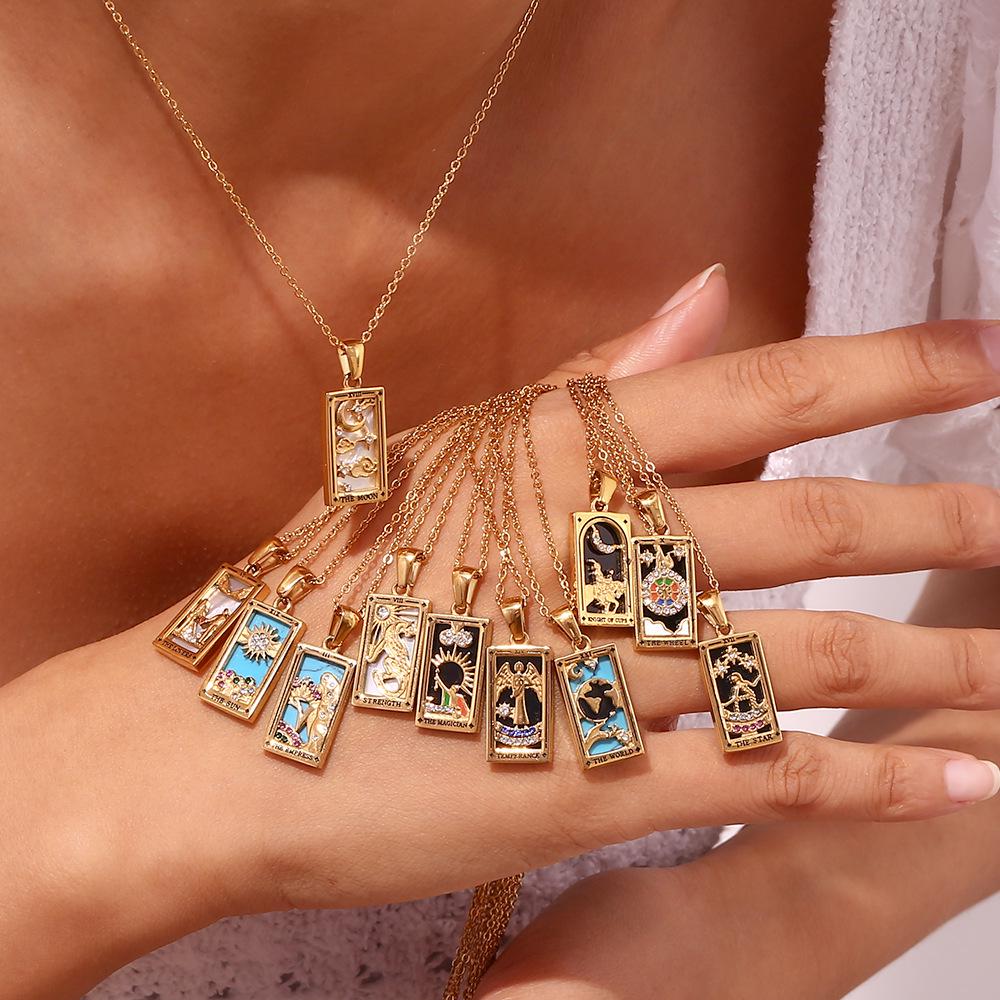18K Gold-Plated Stainless Steel Tarot Card Necklace - European & American Retro Style