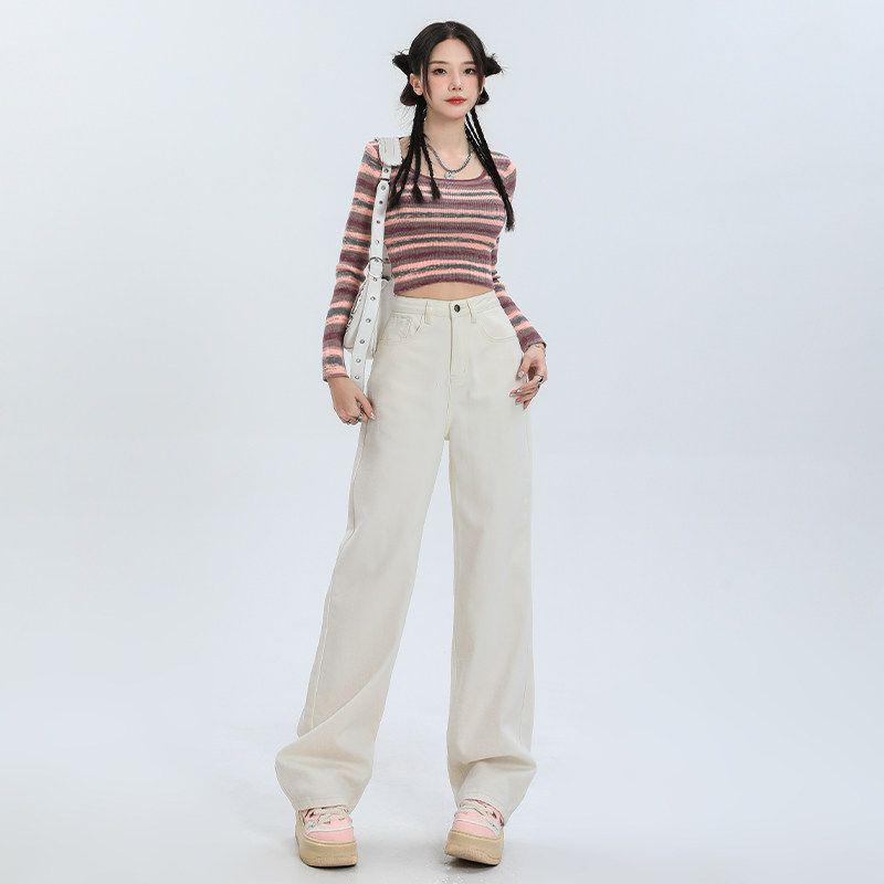 

Women s Slimming White High-Waisted Wide-Leg Jeans - Spring 2026 Casual Fashion Double Extra Large белый