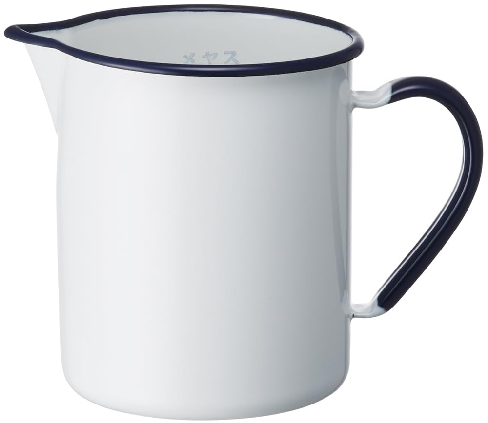 Nodahoro Enamel Beaker, Heat-Resistant, 1L, with Internal Measuring Meter, Made in Japan, White, Navy Rim, HB-010