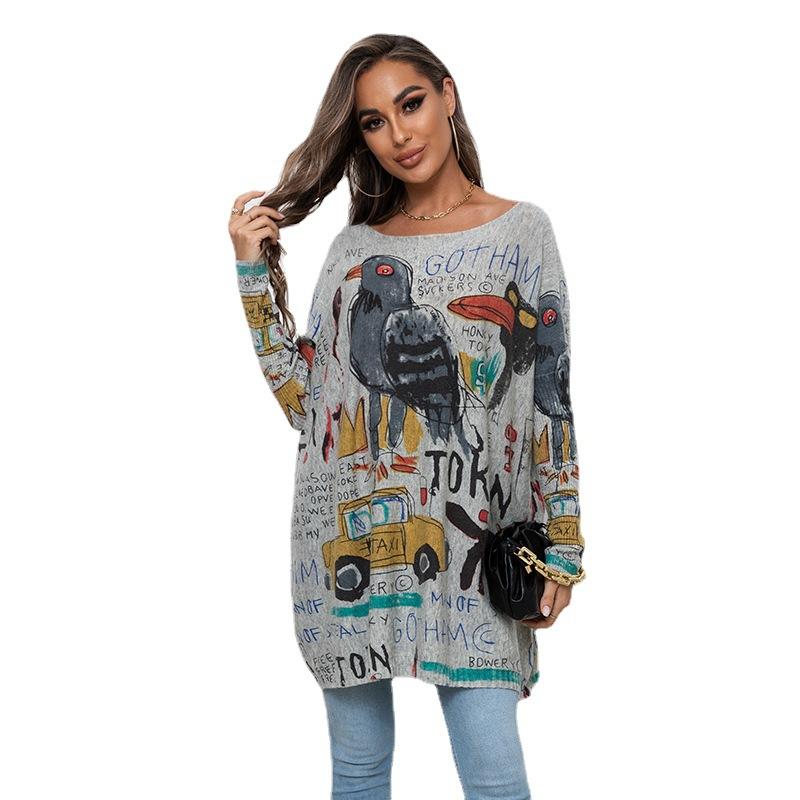 Herbst Damen Strickwaren Übergröße Cartoon Bedruckter Pullover Langarm Casual Pullover Loses Hemd Top