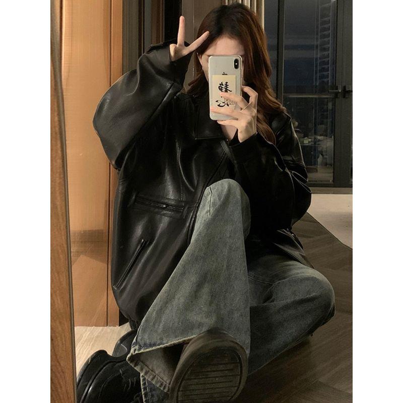 Kumikumi American Vintage Black PU Leather Long Sleeve Outerwear Women Clothes Autumn Elegant All-Match Loose Slimming Top